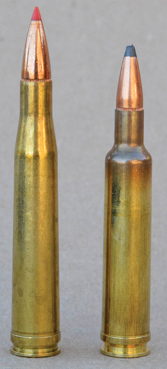 In 1943, Roy Weatherby began with the belted 300 H&H Magnum case (left), blew it out, shortened it, and then necked it to accept .277-inch bullets to create a truly high- performance 270 (right).